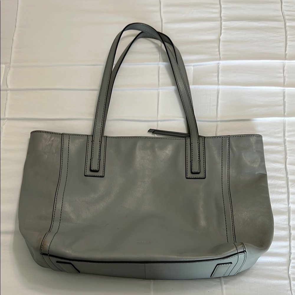 Fossil Gray Leather Tote Bag with Structured Handles